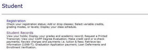 WebSTAR Student Financial Services and Registration Menu